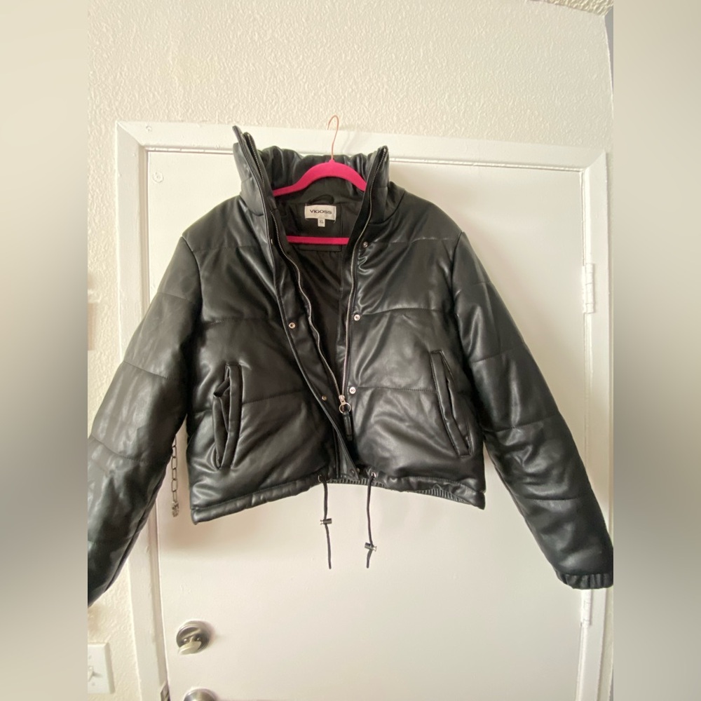 Vigoss Black Faux-Leather Cropped Jacket